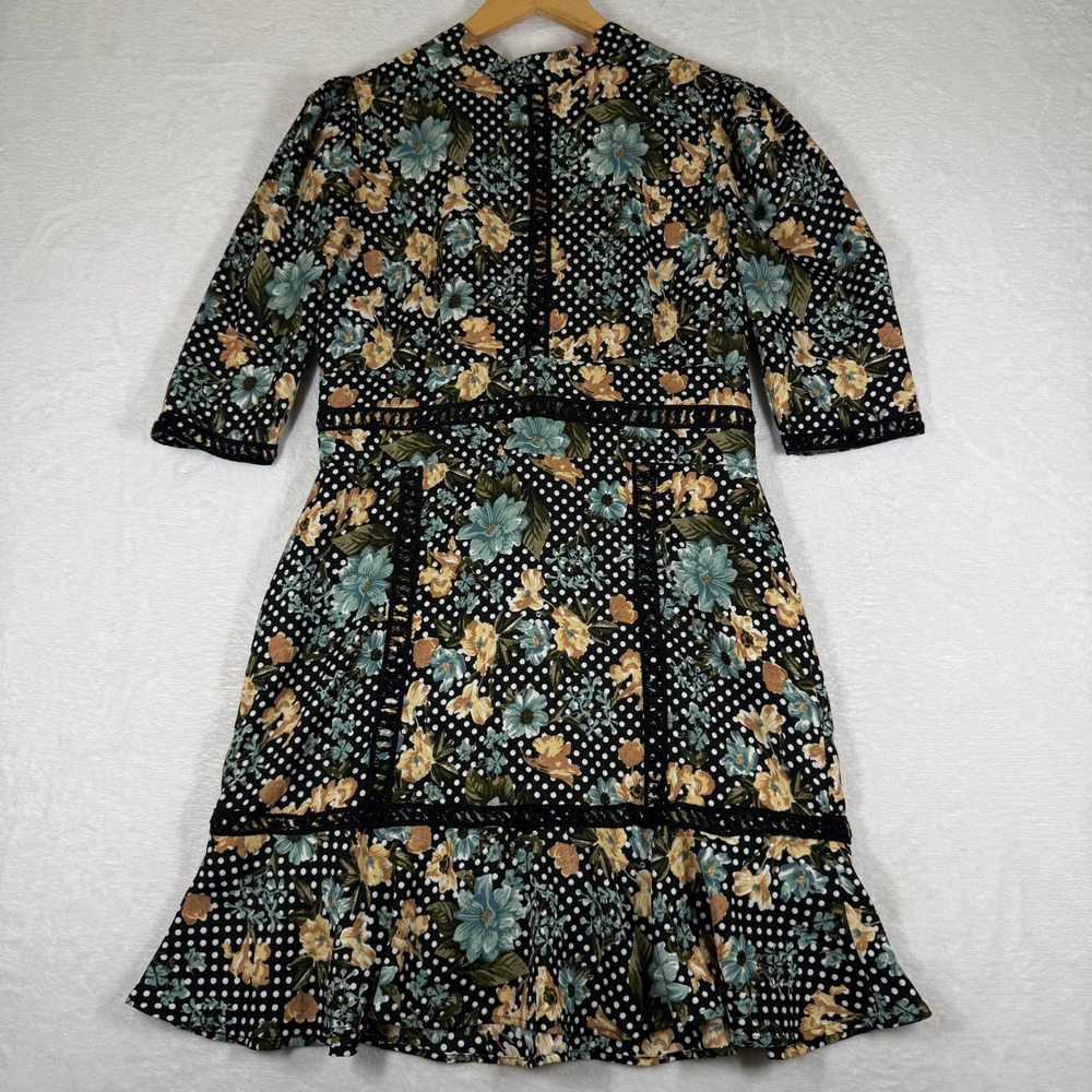 Walter Baker Floral Polka Dot Ladder Lace Ruffle Mini Dress Black Size‎ 6